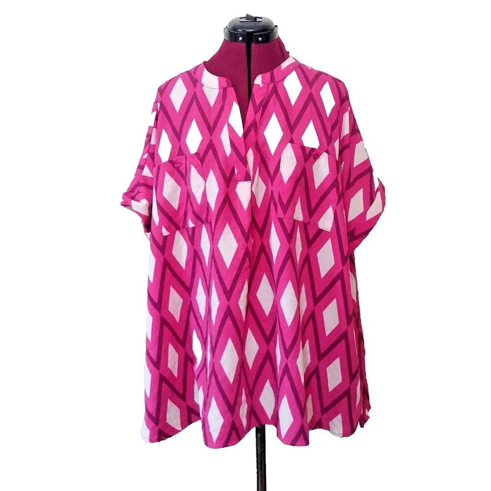 Alex & Parker Blouse 3XL Fuchsia Geo Print Top Women’s Shirt Pockets Plus Size - Picture 1 of 9